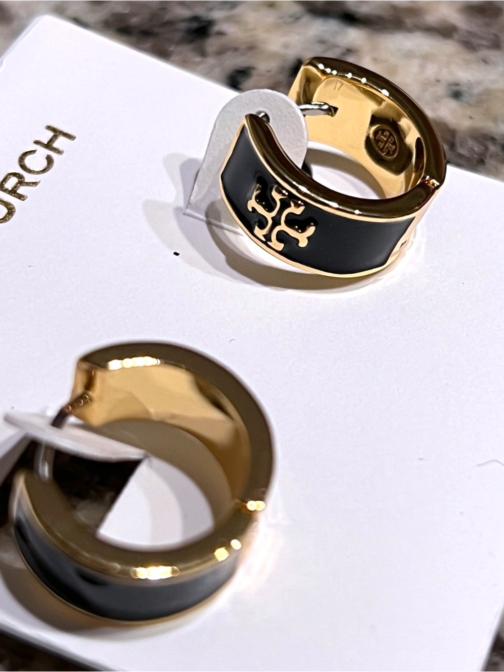 Tory Burch Kira Black Logo Huggie Hoop Earrings In 18K Gold Plated - Picture 5 of 5